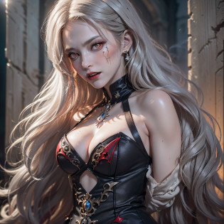(Numerous award-winning masterpieces, with incredible detail, textures and maximum detail), (hyper realistic:1.4), (realistic:1.3), (best quality real texture skin), ((five perfect and beautiful fingers)), (finely detailed true circle eyes), ((finely detailed face)), ((Beautiful, delicate, translucent white face)), (Full body image:1.7), (Vampire nobility:1.6), (Vampire royalty:1.6), (A pair of red eyes with strong red light emitting from within:1.7), (Two thick, long, sharp canine teeth protruding from the lips:1.6), (An old dress of subdued dark colors covering the entire body Quite damaged but elegant and delicately made:1.8), ((only have two arms)), ((Less skin exposure)), (Anatomically correct limbs and physique:1.4), ((medieval world)), ((dramatic photo)), ((cinematic light)), (Full-length portrait:1.7), (looks up), (looking down), (dramatic pose), (smoke effects and bewitching light), beautiful silver hair, beautiful blonde hair, Ruins of an old castle, ((Royal Underground Tombs)), Abandoned mine, Deserted ruins, ((Dark nights, full moon nights, new moon nights)), epic realistic, ((neutral colors)), (hdr:1.5), (muted colors:1.2), hyper detailed, cinematic, warm lights, dramatic light, (intricate details:1.1), complex background,