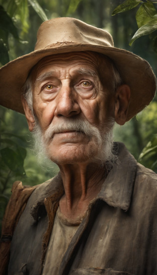 tmasterpiece, Smart old man walking through the jungle in fireflies, (high detal: 1 1), The face of an old man, Natural skin, high high quality, NSFW, beautidful eyes, (detailed faces and eyes), (the face: 1 2), noise, Extra, Realphotos, .....PSD, Lamp film photography, foco n�tido, contrasty lighting, Detailed skins, High resolution 8K, insanely details, realisticlying, professional photoshooting, 8K  UHD, SLR camera, gentle illumination, high high quality, Film Particle, Fujifilm XT3