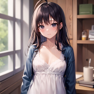 indoors, high school student, plain clothes, nightgown, ahoge, cute, girl, breasts modest, black hair, black eyes, high image quality, (((one person)), small, modest breasts, thin, 4k image quality, superlative quality, D cup, superlative small