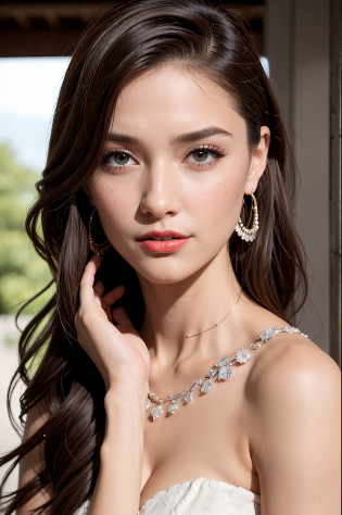 8k, beste Quality, A masterpie, Realstic, photorealestic, extremelydelicateandbeautiful, Extremely-Detailed, astonishing, Exquisite details, Official Art,absurdist. incrediblyabsurdres, huge filesize, ?detailded, a highres, Extremely-Detailed, beautiful detailed girls, Very detailed eyes and face, Beautiful detailed eyes, Facial light, Nasal blush, ((1girl)),brown eyess, Red lips, short hairs, Bob Hair, neckless, ear ring, Medium breasted, cleavage breasts,  shinny skin, out door, Professional lighting, detailed shadow, Supermodel, smile on face, a-pose