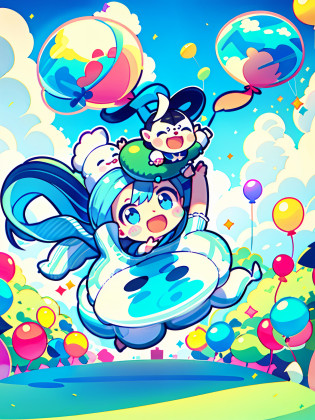 Little girl holding baby (main body) in her hands, baby holding balloon in both hands (main detail), running happily in the amusement park, blue sky and white clouds, green grass and gorgeous flowers