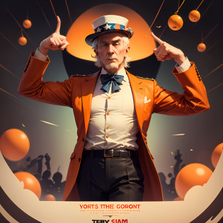 uncle Sam propaganda, Uncle sam convocation poster, uncle sam dressed in orange suit, orange balls fly around, orange balls in the air, orange balls around Uncle sam, poster art style. Very poster, thirds rule, pointing the finger, experiented, convicted, long goate --auto