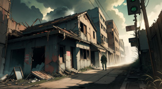 (Ultra detailed), (masterpiece), (best quality), (very detailed CG unit 8k wallpaper), a man in hazmat gas mask suit holding an assault rifle exploring abandoned city, following the road, polluted, abandoned, (((holding AR-15 assault rifle)))), (green sky), dawn, concept art, (small growths of tiny shiny fungi, roots, spores, polluted air), (green sky),  warped clouds, dark, post-apocalypse, cinematic, highly detailed, stylized wallpaper