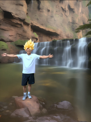 there is a man standing on a rock in front of a waterfall, going super saiyan, next to a waterfall, goku in real life, standing in front of a waterfall, standing near a waterfall, standing in a waterfall, super sayan, waterfalls in the background, in a cave with the waterfall, super saiyan, playing in waterfalls