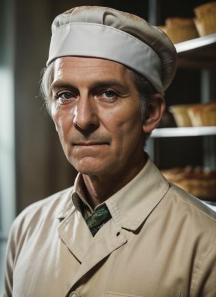 ( <lora:PeterCushingOld:.8>) close up  Portrait photo of (pco1) man with short hair, Detailed face, (perfect green eyes), (realistic matte skin:1.1), perfect body, wearing  (((Short-Sleeved Chef's Shirt, Baker's Cap, Flour Sifter, Pastry Cutter, Dough Scraper)),  Modelshoot style, Professional Photography, soft  lighting, PHOTOREALISTIC, Realistic, standing in dark studio background, blurred background, volumetric fog,. RAW, analog style, sharp focus, 8k, HD, DSLR, high quality, Fujifilm XT3, film grain, award winning, masterpiece,