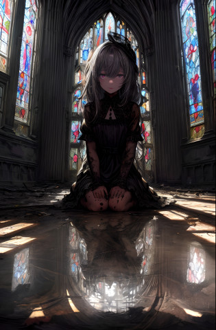 extremely detailed wallpaper, Super detailed details, detailed shadow, very precise detailed, extremely detailed 8K wallpaper, very fine 8KCG wallpapers,An old abandoned church. A girl sitting down. Her black dress is torn and stained in places. Her white dull hair is long and shaggy. Light is coming through a cracked stained glass window.