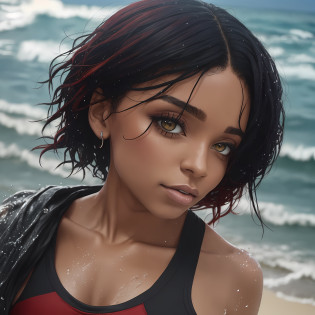 Tamara taylor, the young woman with red and black hair, is standing on the beach. She wears a sports bra. And just comes out of the water, which is why clothes, hair and skin are dripping wet --auto --s2