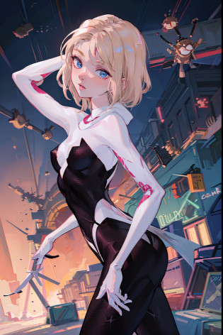 Illustration, UHD, retina, masterpiece, accurate, anatomically correct, super detail, high details, high quality, award winning, best quality, highres, good anatomy, 1080P, HD, 4K, 8k, 16k, 1girl, dynamic pose, androgynous,upper body potrait, detailed eyes, detailed clothes, detailed hair, rendering, 2 hands, 5 fingers, 2 legs, nice legs, cute, Spider Gwen, Gwen Stacy, Spidey Gwen, perpestive
