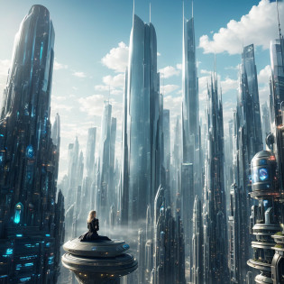 A masterpiece, of the best quality, (very detailed CG Unity 8k wallpaper), (best quality), (best shading), there is a woman sitting on a ledge looking at a city, human futuristic city, in a futuristic city, in front of a sci fi cityscape, in a future city, beautiful city of the future, city of the future, matte painting of human mind, vista of futuristic city, futuristic dystopian city, futuristic metropolis, in fantasy sci - fi city