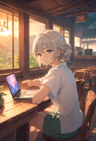 woman sitting, table with laptop, chilling, lofi vibe, bored, A rural woman in a white shirt?The face is full of wrinkles?white haired Cangcang?Doubts shocked?Walking into the broken house with a bag at night?mystical aura, surreal atmosphere,?Chinese folk suspense, terroral, Supernatural comic book style?? hyper qualit?hyper HD?4K