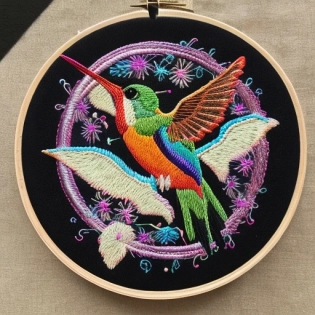 embroidered circle with hummingbird on black background and a lot of texture, frontal view, neon iridescent colors, embroidery style