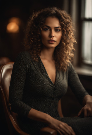 (soft focus:1.2), photo, attractive mixed woman, (beautiful face:1.1), detailed hazel eyes, luscious lips, (cat eye makeup:0.85), (medium eyes:1.0), (toned body:1.2), (curly hair:1.2), wearing (sundress:1.2) sitting on a (chair:1.2). (moody lighting:1.2), depth of field, bokeh, 4K, HDR. golden skin, hazel eyes, beauty marks, honey skin, wearing leather as a dominatrix (holding a crop) Cinematic photo