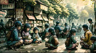 Dozens of people sat on the side of the road reading, adults and children, Chinese in the 80s, some squatted and some sat down, behind them were newsstands, makeshift book houses --auto --s2