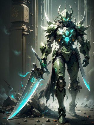 Ghost warrior holding a two-meter long knife, super cool ghost warrior, with a huge long knife, Fang Tian painting halberd, green dragon moon knife, wearing green mechanical armor, surrounded by smoke, holding a super long knife, imposing walking, positive perspective, perfect body proportions, tall body, full body photo, super detail, realistic, shiny, reflective, bioluminescence, galactic cybernetic mask, mecha, (executioner: 1.2), cape, SH4G0D, GlowingRunes_red, full body, movie, dark background, backlight, high contrast,