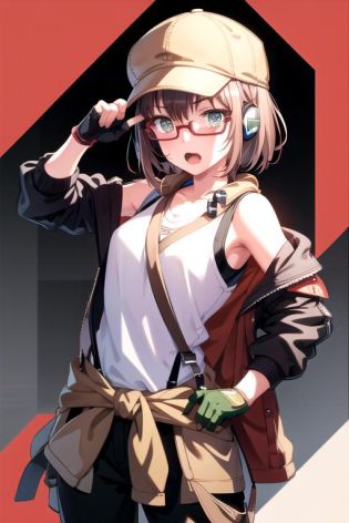 <lora:MayaYamato-03:0.7>,huhehe, 1girl, solo, looking at viewer, short hair, open mouth, brown hair, shirt, gloves, hat, green eyes, jacket, white shirt, cowboy shot, glasses, sleeveless, pants, fingerless gloves, headphones, black pants, suspenders, tank top, semi-rimless eyewear, brown gloves, red-framed eyewear, under-rim eyewear, brown headwear, cabbie hat, clothes around waist, headphones around neck, jacket around waist