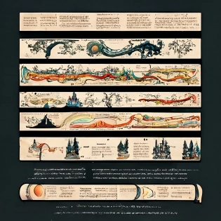 infographics of detailed fantasy worlds, reading down and drawn in ancient scroll, using magic ink that makes the images pop off the paper