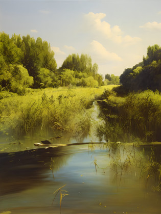 oil painted?There is a small stream flowing through the meadow, Tall reeds on the riverbank, river with low hanging plants, A small river on the ground, Small river, overgrown with aquatic plants, next to a small river, Morning River, Reeds on the riverbank, wide angle river, near a river, scenic view of river, nice afternoon lighting