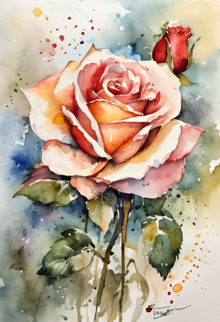 Single rose?Wtrcolor style?Blowing in the wind?tmasterpiece?big breasts beautiful???aquarelle???paint splatter?Complicated details?The is very detailed?[dripping:0.7]?Rachel Walke