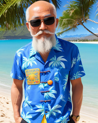 Chinese Old Man?a person?(skin head?Black sunglasses?South Island?sand beach?realisitic?top-quality?hight resolution?a picture?Aloha shirts?breeches?sandal?Long white beard?hilarious pose
