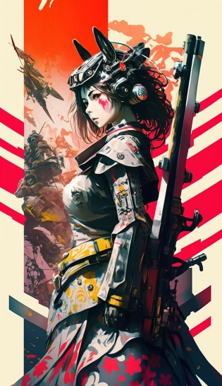 young female in a futuristic intricate samurai clothing holding a saber samurai, style movie poster, cinematic movie poster, bow and flags in the background, the background old Mech, sunny weather, anime, manga graphics, bright colors, offset printing, high detail, Poster, 8K, HD, CMYK, Happy, Natural Lighting --q 3 --ar 9:16