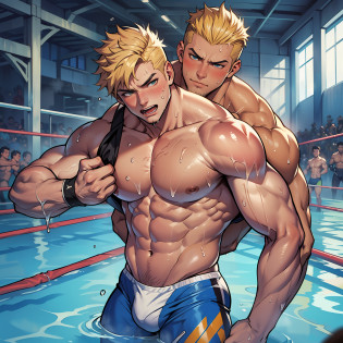 Sexy, sensual, bara. Male character, 2men, wrestling, body melting into each other, wet, sweating, panting, blushing, merging into a goo, absorption, body horror, portrait painting including full-body-image, handsome muscular male blonde Australian, handsome muscular male brunet Filipino, long shot, human males, swimmers on the grounds wet from their melting gooey bodies, wet tight bulging speedo trunks, highly tattooed, dynamic wrestling pose, adult action hero, intricate and detailed drawing, SFW. Adjust anatomy. Correct dicephalus parapagus anatomy. Single shared body. Conjoinment.