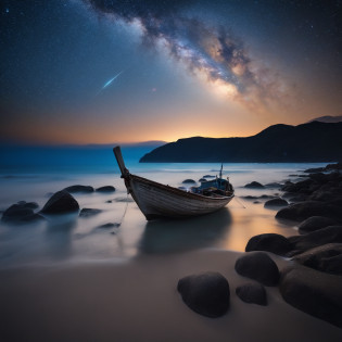 Master Parts?Superior Quality?superior image quality?The 8k quality??Beautiful pictures of the starry sky?magnifica?Arched Milky Way?Sail ships?Blue glowing sea