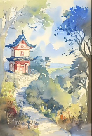 painting of a house in a garden with a pathway leading to it, japan watercolour, watercolor illustration, digital painting of a pagoda, a beautiful artwork illustration, chinese watercolor style, watercolor detailed art, watercolor colored painting, japanese watercolor, japanese style painting, a watercolor painting, watercolor illustration style, traditional chinese watercolor, anime countryside landscape, watercolor landscape, watercolor ink illustration
