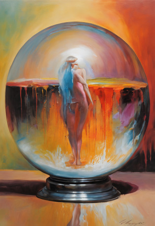 masterpiece, Surreal, Very high image quality, Extremely sharp detail. Description of 1 transparent crystal ball, Inside the crystal ball contains 1 beautiful naked girl, She has white hair, sexy body, big breasts, big ass, posing inside the crystal ball, The crystal ball was placed on the display table, where there is a lack of light and the light focuses on the crystal ball
