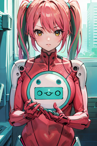 (highres, best quality:1.2), 1girl, radiance, soft contours, beautiful drawing, kyoani haruhi style, ((masterpiece)), twintails, robot girl, neon green pink colors, android, cosmo