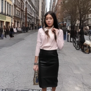 sfw, best quality, ultra high res, ultra-detailed face and eyes, detailed body, detailed clothes, kodak portra 400, (photorealistic:1. 4), a beautiful lady in the city, detailed background, (street in city:1. 2), (black shirt:1. 4), (black skirt:1. 5), leather skirt, (black hair:1. 4), looking back, smiling, blush, narrow waist, light brown eyes, <lora:aigirl:0. 6>, professional light, face focus, (light on the face)