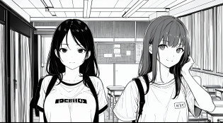 ?masterpiece, top-quality, (1girl in), tshirts, A slight smil, backpack, A dark-haired, Black eyes, cyberpunked, monochromes, line-drawing??Classroom