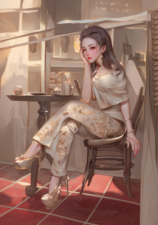 painting of a woman sitting in a chair in a cafe, in style of digital illustration, in style of digital painting, digital art of an elegant, style digital painting, stylized digital illustration, in the art style of bowater, style in digital painting, drawn with photoshop, digital illustration -, mysterious coffee shop girl, urban girl fanart, a beautiful artwork illustration,, beautiful line art, detailed manga style, extremely fine ink lineart,exquisite line art, perfect lineart,exquisite line art, exquisite digital illustration, detailed digital drawing,digital anime illustration, a beautiful artwork illustration, detailed matte fantasy portrait, beautiful line art, great digital art with details, goddess. extremely high detail, 4k detailed digital art, stunning digital illustration, digital fantasy illustration,((Best quality)), ((masterpiece)), (detailed:1.4), 3D, an image of a beautiful female,HDR (High Dynamic Range),Ray Tracing,NVIDIA RTX,Super-Resolution,Unreal 5,Subsurface scattering,PBR Texturing,Post-processing,Anisotropic Filtering,Depth-of-field,Maximum clarity and sharpness,Multi-layered textures,Albedo and Specular maps,Surface shading,Accurate simulation of light-material interaction,Perfect proportions,Octane Render, Two-tone lighting,Wide aperture,Low ISO,White balance,Rule of thirds,8K RAW,subsurface scattering, best ratio of four fingers and one thumb,