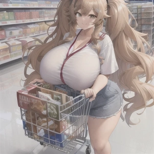 girl, happy, huge breasts, big hair, caramel balayage hair color, long hair, twintails, cute, best girl hair, gray shopping cart full of stuff, pushing cart with hands, store, walking in isle, food and essentials on shelves, white tiled floor, walmart, casual outfit, shorts, professionally color graded, HDR, anime face, 1girl, face by Artgerm and Greg Rutowski, volumetric lighting, 8k, dramatic lighting, bright bursting colors, intricately detailed outfit, dynamic pose, octane engine, anime face, chess board in painting