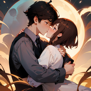 Boys and brunette girls?In the moonlight?kisses?hugs?Boy's loose collared white shirt?Boy with brown hair?Pur?Girl with black hair?brunette color hair?brunette color hair?Black color hair?short detailed hair?effeminate?Be red in the face?With his eyes closed