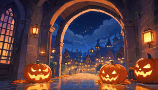 Halloween Floating Lights, Cinematic light and reflection, glowing lights, Intermediate metaverse elements?Digital Painting, Glowing reflections, pondering, Halloween Jack-o'-lantern, calm night, Digital Illustration, Beautiful atmosphere, Skylight at night, Calm evening atmosphere, Jack-o'-lantern, Halloween, the night, themoon, The game scene, Halloween, Surrounded by clouds, Buildings in medieval Europe, glazed tiles, ue, gorgeous colors, There are three arches in the foreground((color ink)), ( (Splash ink ) ), ((Splash ink) inky})), tmasterpiece, high quarity, Beautiful graphics, high detal,Magnificent
