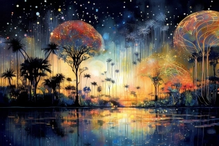 A night painting of an abstract ethereal semi - transparent irridecent tropical paradise at night in the style of Jane Crowther, rainbow lighting impressive skies