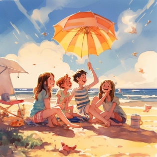 A group of friends enjoying a day at the beach. The sun is shining and the sky is clear. Waves are gently rolling in from the ocean. Surrounding environment is full of beach umbrellas, towels, and sandcastle. Friends are playing beach volleyball, flying kites, and lounging on beach chairs. A snack table is set up nearby with fresh fruit and cold drinks. Seagulls are soaring overhead. super detailed, colorful and playful illustration, uhdimage.