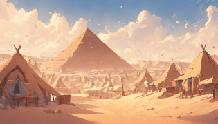 A small village of ancient Egypt, with the pyramids in the background, in a desert environment, pocas palmaras, con un cielo azul soleado y nubes tenues, animated pixer style, una escena colorida, sin personas.