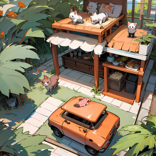 RV?Cute drawing style?Have with the bed?food?barbecue?animals?plants