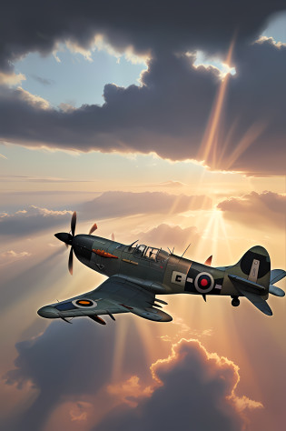 a picture of a Spitfire plane, flying in the sky, cloudy skies background, an epic a Spitfire plane (best details, Masterpiece, best quality :1.5) birds view, sun rays, divine rays, sense of awe, majestic atmosphere, ultra best realistic, best details, best quality, 16k, [ultra detailed], masterpiece, best quality, (extremely detailed), ultra wide shot, photorealism, depth of field, hyper realistic painting,