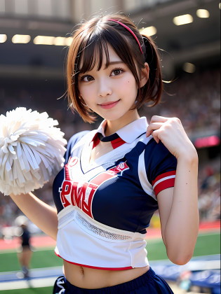 Two Ala-Fed Asian cheerleaders posing dynamically with pom-poms in stadium?Write?a closeup?cosplay foto?Anime Cosplay?Short-cut hair?cute little?RAW Photography, top-quality, hight resolution, (?masterpiece), (Photorealsitic:1.4), professional photograpy, foco n�tido, HDR, 8K???, intricate detailes,  depth of fields, the Extremely Detailed CG Unity 8K Wallpapers, femele, girl with, beautiful supermodel, a smile?A slender?Small Cheer Uniform?amarelo?huge tit:1.2