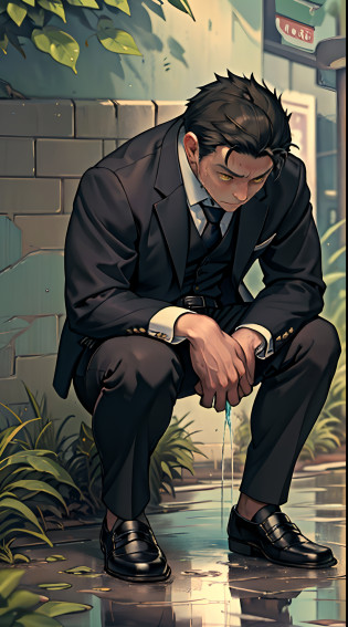 A3R1, Hector Fey ?Multi-view upper body?  Suit pants view?legs separated?A3R1,pissing?Pee yourself?His own urine ran down his thighs?perfect male figure? Aerith Gainsborough ,Put your hands in your trouser pockets?Pee from his legs?yellow�eyes??Half squat?legs separated?sit astride?Wear a tie?wearing leather belt?Long Sleeve White Shirt??The shirt is soaked??Black hair short hair?perspire?Black suit trousers?dress shoes?Nervously bow your head?is shy?embarressed?is shocked?panicking?worry?exteriors?On dry ground?     A small puddle of his own urine formed around his feet?Half squat?Very eager to pee?Sweat flowing from the crotch?Wet yourself?Urine discharge?high detal?hentail realism?ultra-realistic realism?three sided view? A masterpiece of careful planning?A high resolution? hyper HD ?anatomy correct?super detailing?best qualtiy?A high resolution?8K