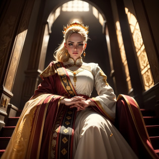 Extremely detailed woman sitting on her throne with reflective diamond details with a dominant pose in front of the stairs, giant and extremely detailed window behind her, with white blacklight, bright blonde hair with bangs, extremely large crown of diamonds, extremely light and bright large blue eyes, freckles, looking down with look of extreme contempt and hatred for the viewer, long, white dress with gold details and red straps, white fuzzy stairs in the middle and red fabric at the ends, with identical gold details in each fold,, extremely strong lighting and shadow on the hair, extremely strong shadow on the face, diamond details,volumetric lighting, unreal render, octane render, perfect face, perfect dress, perfect hands, perfect face, perfect eyes, glamour atmosphere, ray tracing reflections, ray traced, rtx, hdr, sharpen, cinematic, golden hour