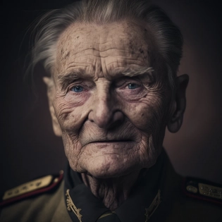 photograph close up portrait 85-year-old tough decorated general, clean shaven, kindly smiling at camera, stoic cinematic, 4k, epic detailed, shot on kodak, detailed, dark moody