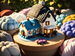 (Wool felt, wool knitted fabric, cute world of cartoon), cottage, flower house, flowers, animals, super cute, superb lighting, volume, 80mm lens, large aperture, 3d, masterpiece, super detail, best quality