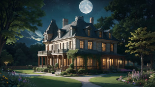 (Photo-realism), (Best quality, masterpiece, full of details), mansion with two towers, many trees, Colorful garden, flower pots, old mansion, white stone path, green grass, dark night, stars, moonlight, brown brick mansion, ultra HD