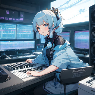 genshin_impact, 1girl, kamisato, ayaka, kamisato_ayaka, fl_studio, computer, music_keyboard, studio_speakers, music_studio, blue_hair