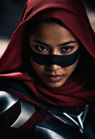 Compose a striking photography artwork featuring a Malay girl in hijab dressed as a superhero, wielding a blade as her weapon, caught in an intense and dynamic fighting action pose. Utilize dramatic lighting and high-speed photography techniques to freeze the action and highlight the details of her costume and blade. Incorporate a backdrop that conveys the urgency of the battle, with elements that enhance the heroic ambiance. Capture the strength and determination in her expression, emphasizing the empowerment and courage of this modern-day superheroine