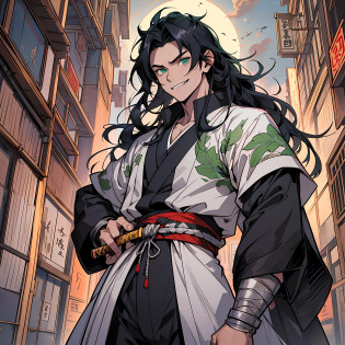 ((best quality)), ((ultradetailed)), ((masterpiece)), best quality (katana: 1.4), serious,(at night: 1.4), a 16-year-old who has his long black hair, which goes up to his waist. Your hair is thick and has a healthy appearance, your hair is long and not stuck, contrasting with your fair skin. The young man's eyes are emerald green, and are deep, expressive, and intense like two clear pearls. They reflect calm and an inquisitive curiosity. He has a big smile on his face and a watchful eye. With his upright posture, the young man shows a confident bearing and a cheerful and hyperactive aura. He wears a white kimono with green clouds, made of a quality fabric. giving him the look of a swordsman. At his waist, he carries a white katana with gray details on the blade. The long, sharp blade is made of polished steel, its coloration is white, and it is reflecting light. He is in an ancient Japanese city.  He has a cheerful face. Kimetsu no Yaiba style, alone, 1boy, demon slayer style, loose hair, petulant look, smiling, confident, only 1, spilled hair, loose and big hair, demon slayer artstyle