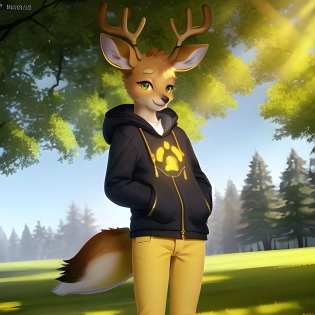 furry art, uploaded on e621, furry, anthro, yellow fur, yellow skin, deer, 1boy, standing, park background, soft, fluffy, clothing, jeans, green eyes, furry deer, bloom, illumination, shadows, reflections, shine, shiny, ultra realistic, ultra detailed, best quality, smiling face